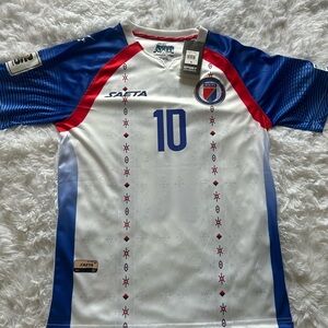 Men's Haiti #10 White, Blue & Red Soccer Jersey